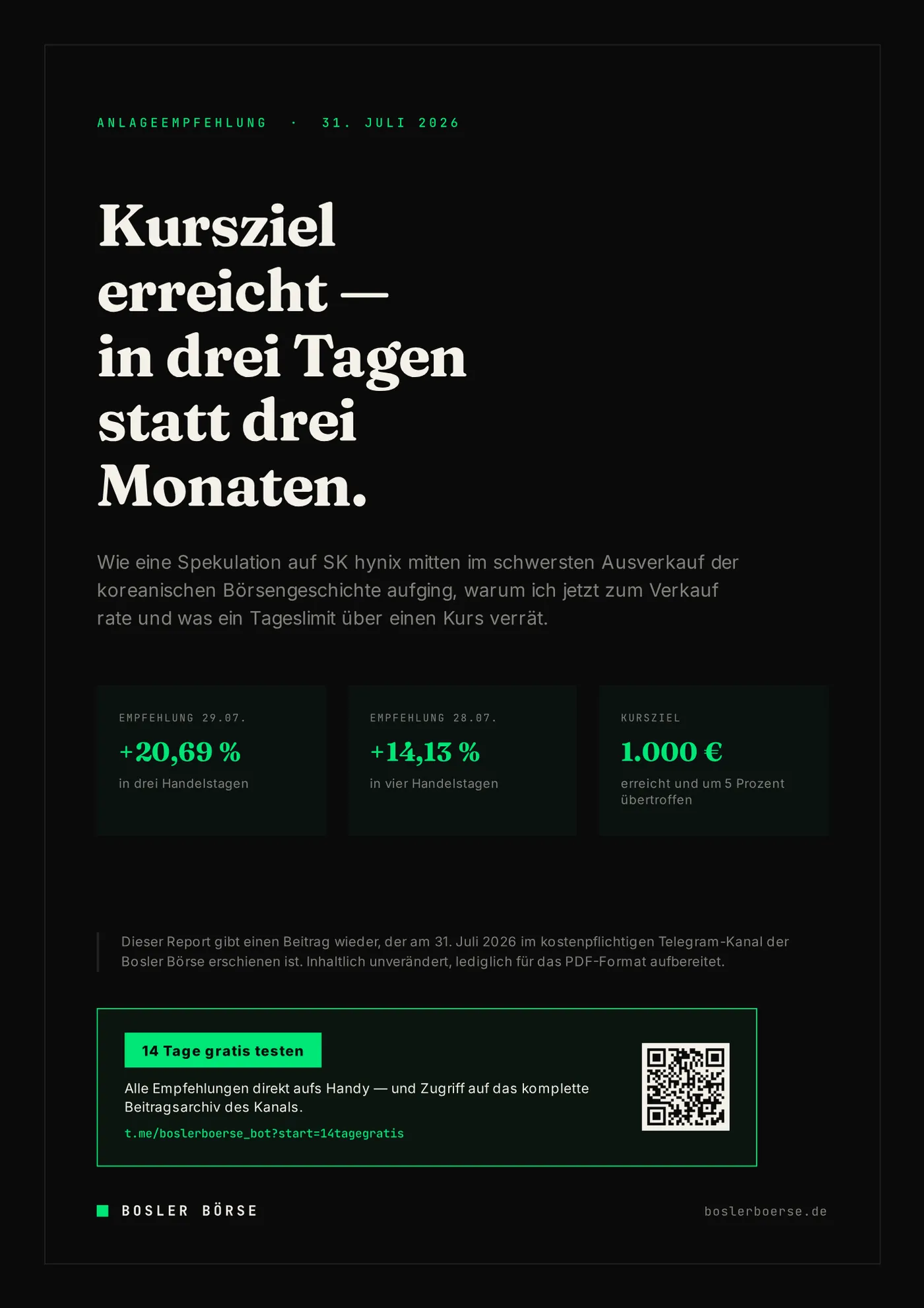 Erste Seite des Beitrags „Kursziel erreicht — in drei Tagen statt drei Monaten.“